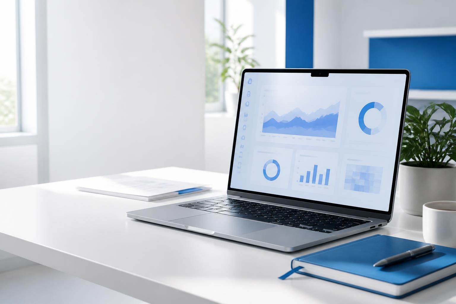 Bright workspace with a laptop displaying business analytics
